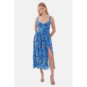 FOR LOVE & LEMONS Astor Midi Dress Blue Floral Sz L Pleated Bust Lace Up Back